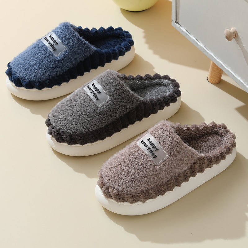 Home Slippers For Men Thick-soled Color-block Letters Fluffy Fleece  House Shoes Winter Indoor Warm Slip On Floor Bedroom Slipper Bettertoshop.com