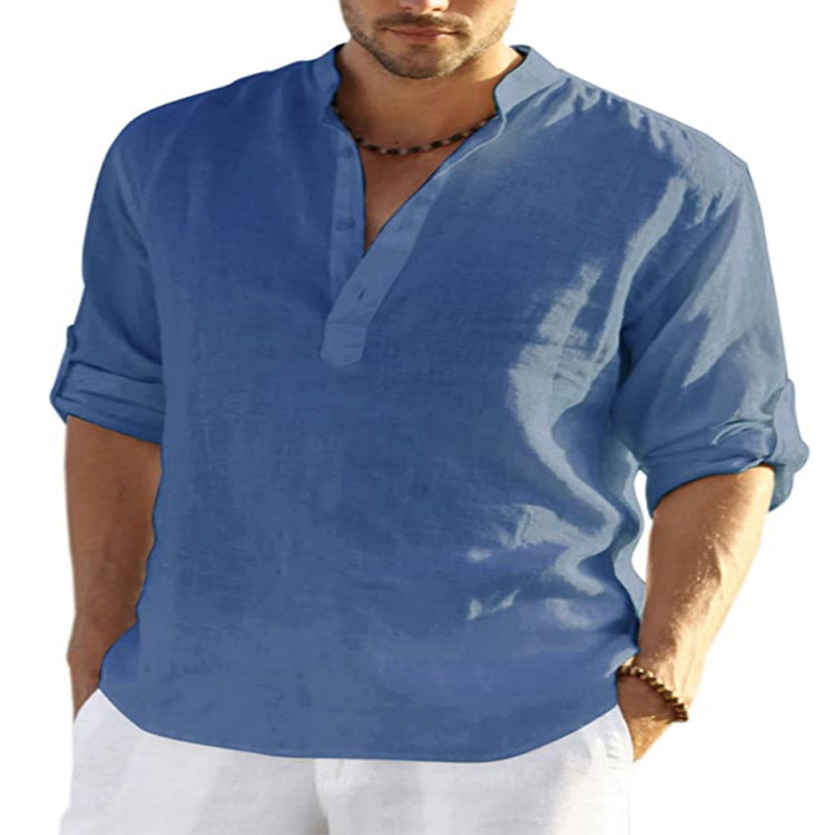Men's Casual Cotton Linen Solid Color Long Sleeve Shirt Loose Stand Collar Bettertoshop.com