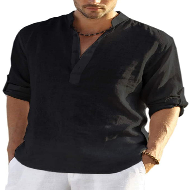 Men's Casual Cotton Linen Solid Color Long Sleeve Shirt Loose Stand Collar Bettertoshop.com