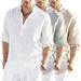 Men's Casual Cotton Linen Solid Color Long Sleeve Shirt Loose Stand Collar Bettertoshop.com
