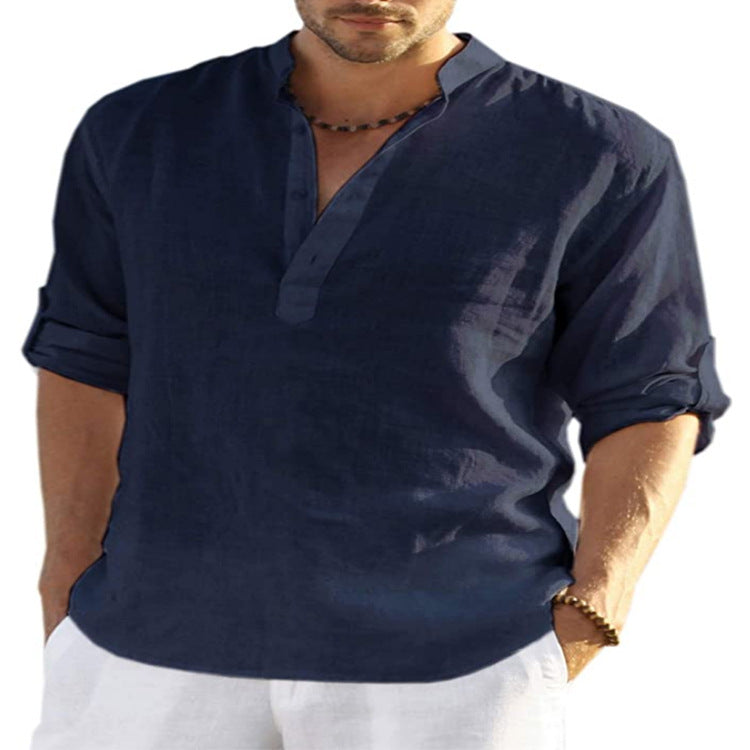 Men's Casual Cotton Linen Solid Color Long Sleeve Shirt Loose Stand Collar Bettertoshop.com