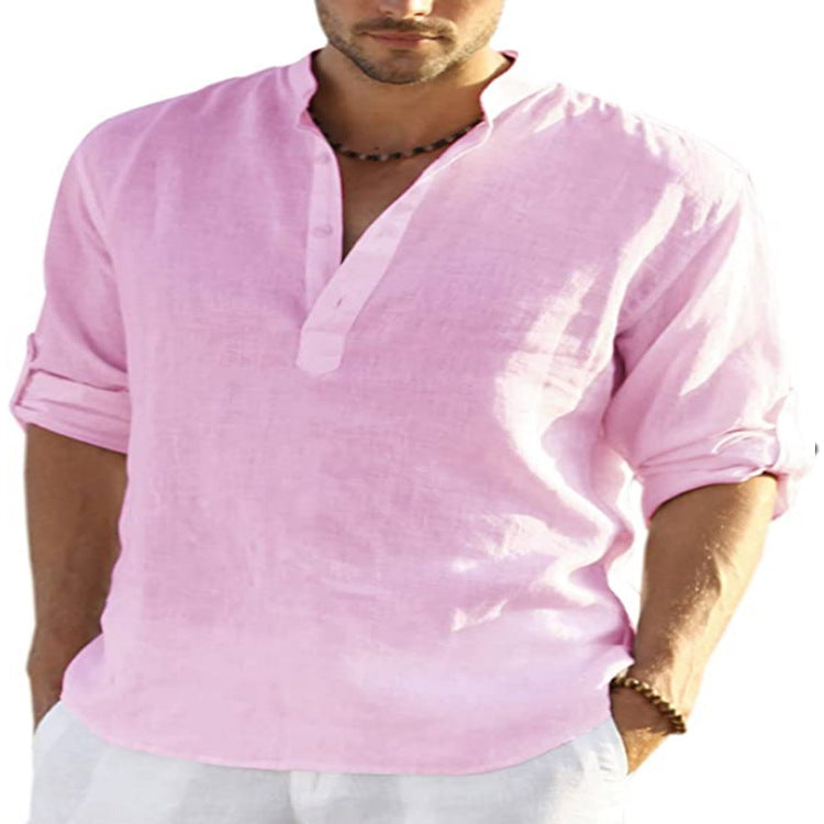 Men's Casual Cotton Linen Solid Color Long Sleeve Shirt Loose Stand Collar Bettertoshop.com