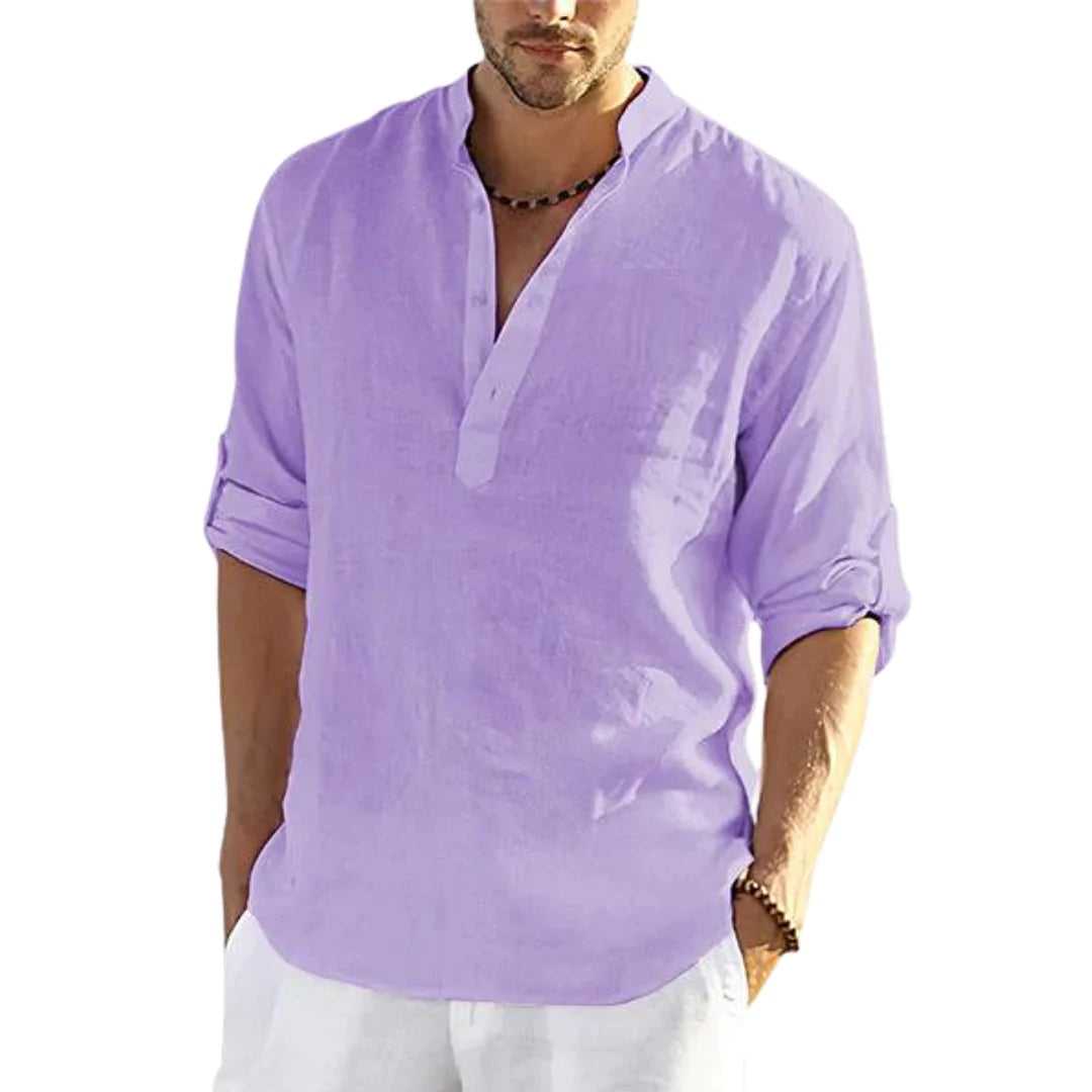 Men's Casual Cotton Linen Solid Color Long Sleeve Shirt Loose Stand Collar Bettertoshop.com