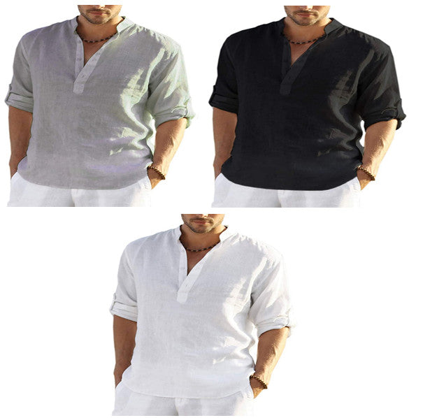 Men's Casual Cotton Linen Solid Color Long Sleeve Shirt Loose Stand Collar Bettertoshop.com