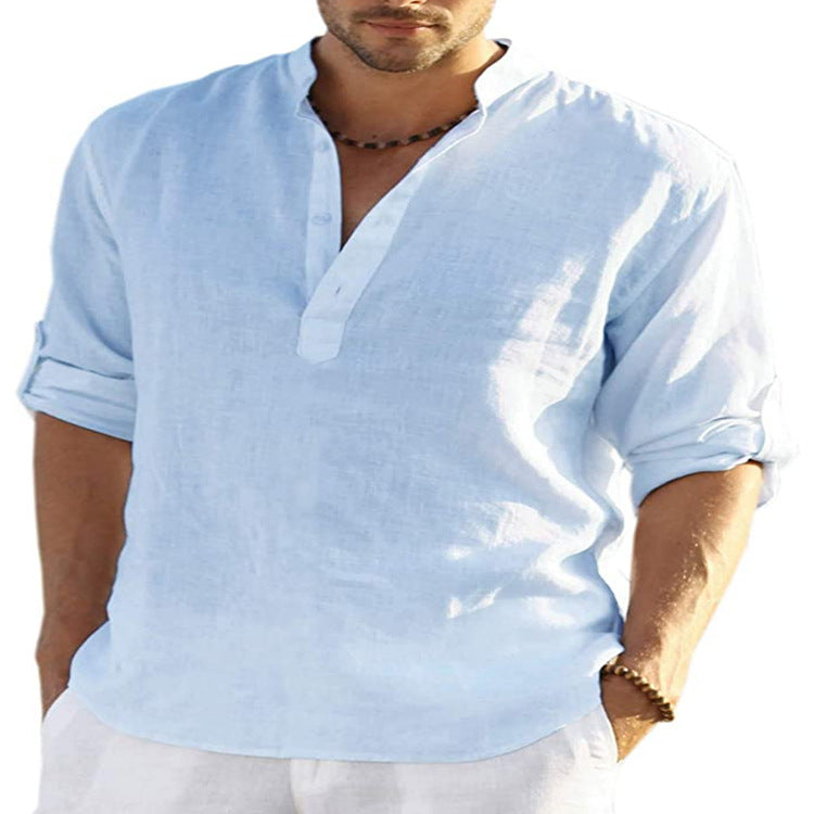 Men's Casual Cotton Linen Solid Color Long Sleeve Shirt Loose Stand Collar Bettertoshop.com