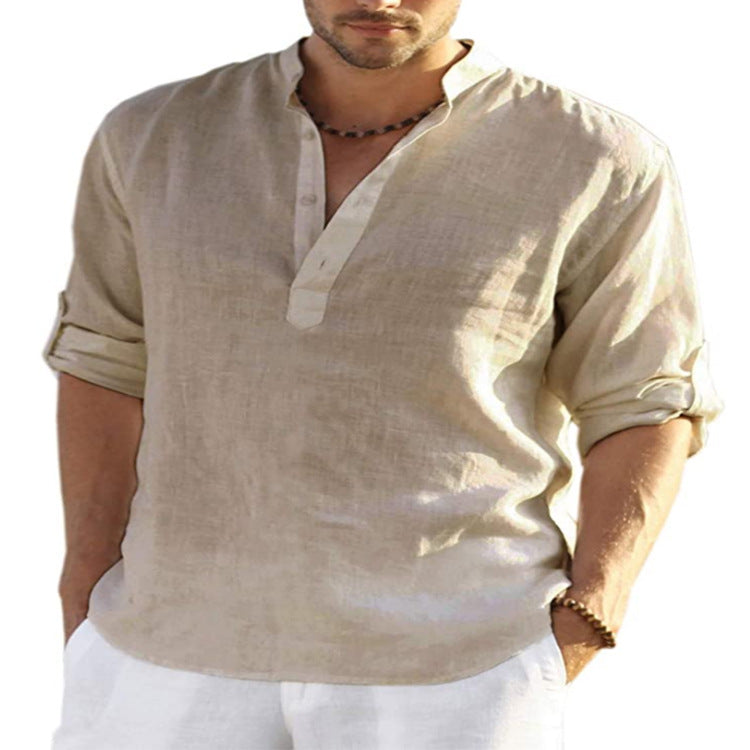 Men's Casual Cotton Linen Solid Color Long Sleeve Shirt Loose Stand Collar Bettertoshop.com