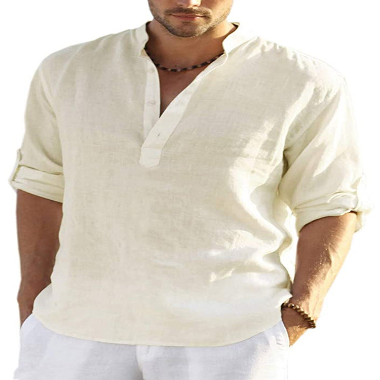 Men's Casual Cotton Linen Solid Color Long Sleeve Shirt Loose Stand Collar Bettertoshop.com