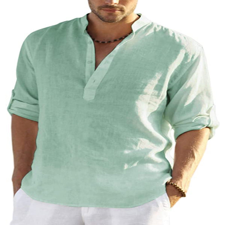 Men's Casual Cotton Linen Solid Color Long Sleeve Shirt Loose Stand Collar Bettertoshop.com
