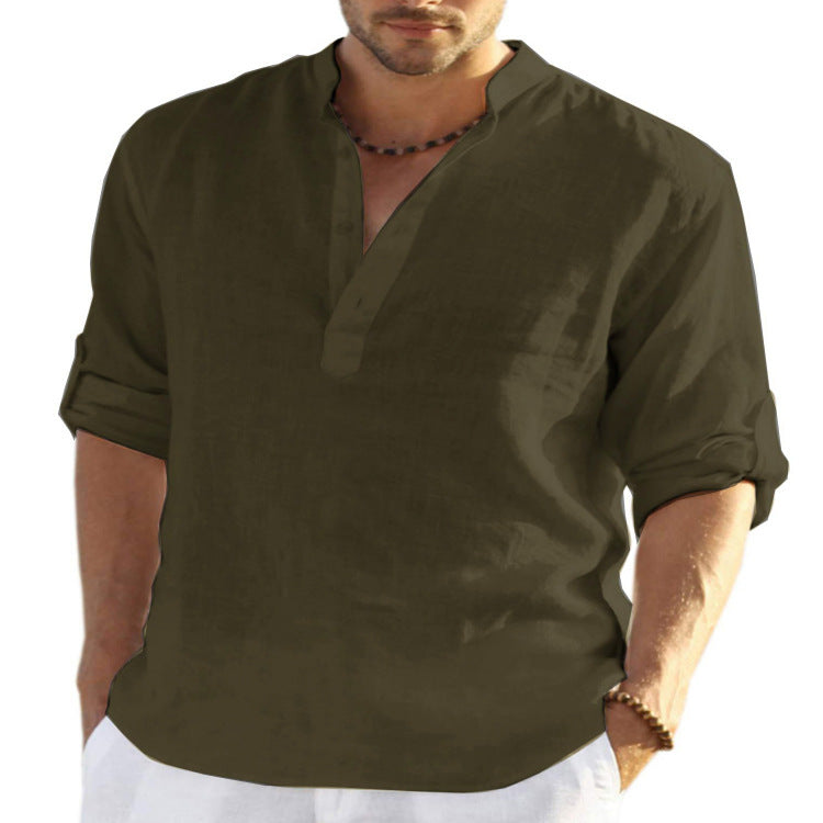 Men's Casual Cotton Linen Solid Color Long Sleeve Shirt Loose Stand Collar Bettertoshop.com